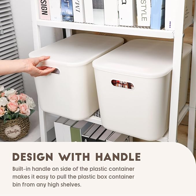 Tuanse 8 Pieces White Plastic Storage Bins with Lids, Stackable Storage baskets with Handle Containers Box for Shelves Drawers Desktop Playroom Classroom Office Organization(14 x 10.5 x 9.6 Inches)