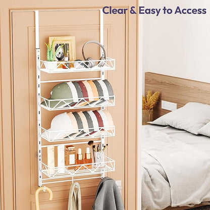 SWTYMIKI Over Door Hat Organizer - 5 Tier Wall Mounted Hat Rack with 4 Adjustable Metal Basket and 3 Hooks, Hanging Baseball Cap Organizer Storage Holds up to 49 Caps for Door, Bedroom, Closet