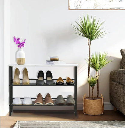Garden 4 you Shoe Rack for Entryway 3 Tiers 11.8" D x 25" W x 20" H, Metal Shoe Rocks with White Wooden Tabletop, Angled Shoes Rack with Adjustable Mesh Shelves for Entryway Hallway Closet