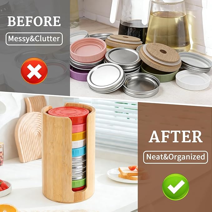 2 Pack Mason Jar Lid Organizer, Bamboo Lid Holder for Wide & Regular Mouth Canning Lids & Rings, Compact Space-Saving Rack for Kitchen Countertop & Cabinet, Holds 10–12 Lids