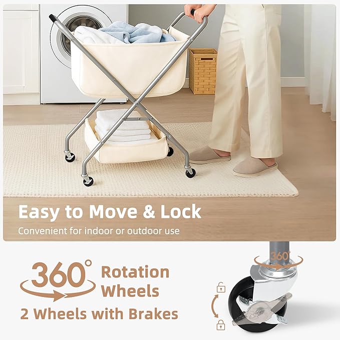 STORAGE MANIAC Collapsible Laundry Cart with Wheels 31.5"H Rolling Laundry Hamper Clothes Basket with Wheels, Canvas Liner Sturdy Steel Frame Folding for Small Narrow Space Easy Storage, Beige