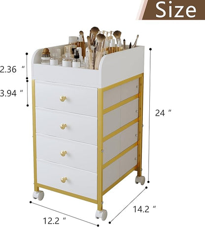 Rolling Makeup Organizer Cart - Under Desk Vanity Makeup Storage with 4 Fabric Drawers, Bathroom Storage Cart Cosmetic Display Cases for Nail Polish Brush Hair Tool