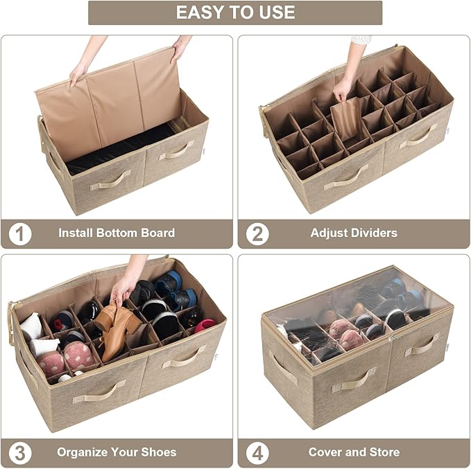 Moteph Shoe Organizer for Closet - Shoe Storage Organizer for Closet Organization with Clear Cover & Adjustable Dividers, Shoe Rack & Basket - (Light Brown, Large - 24 Pairs)