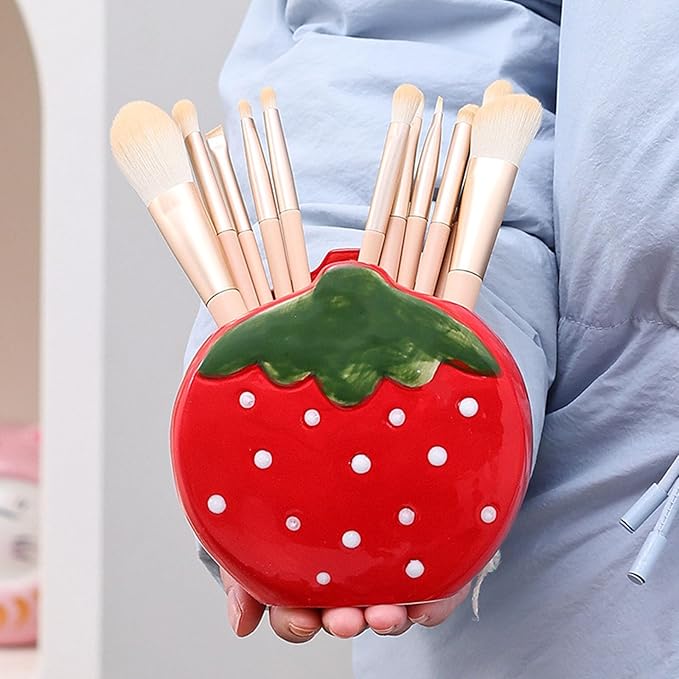 1 PC Ceramic Strawberry Makeup Holder Makeup Organizer Pen Holder Desktop Organizer (Red)