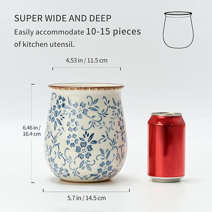Utensil Holder for Kitchen Counter, Modern Farmhouse Cooking Utensil Holder and Crock Home Kitchen Decor, Ceramic Utensil Organizer for Spatula, Ladle, Eggbeater, Rolling Pin- Blue and White Porcelain