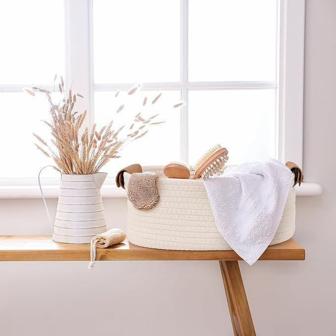 Beautiful Storage Basket Set of 5 - Sturdy Cotton Rope Baskets for Shelves Are Perfect for Organizing Your Home - Quality Storage Bins Easily Fit With Any Nursery or Bedroom Decor