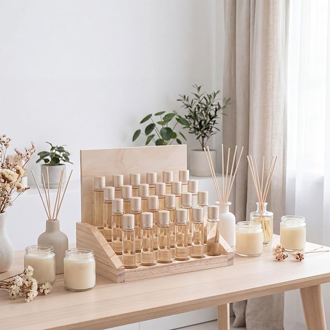 AceOrbit 4 Tier 24 Slots Wooden Essential Oil Organizer with Detachable DIY Board 5-20ml Essential Oils Racks Display Stand Roller Bottle Display Tabletop Storage for Nail Polish Fragrance Container