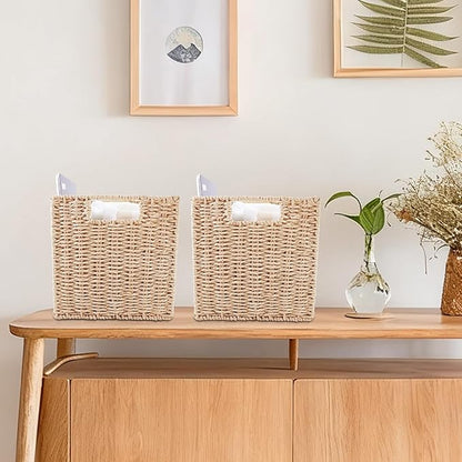 YAHUAN Foldable Paper Rope Storage Cubes 9X9 Hand Woven Wicker Storage Bins Square Basket Storage Baskets for Shelves (Paper rope 2-pack)