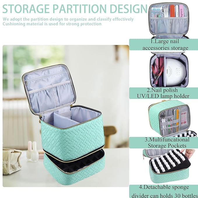 Nail Polish Organizer, Nail Polish Storage Holds 30 Bottles & Nail Lamp, Double Layer Nail Bag Organizer Case, Portable Nail Polish Holder for Nail Tech Travel & Manicure Kit