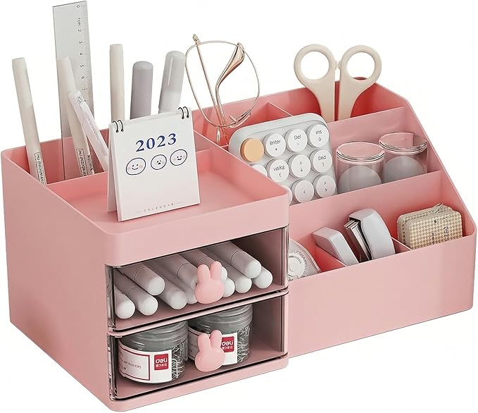 Makeup Organizer With 2 Drawers, Countertop Organizer For Vanity, Bathroom Organizers And Storage, Bathroom And Bedroom Desk Cosmetics Organizer For Skin Care, Brushes, Eyeshadow, Lotions (Pink)