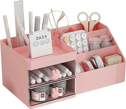 Makeup Organizer With 2 Drawers, Countertop Organizer For Vanity, Bathroom Organizers And Storage, Bathroom And Bedroom Desk Cosmetics Organizer For Skin Care, Brushes, Eyeshadow, Lotions (Pink)
