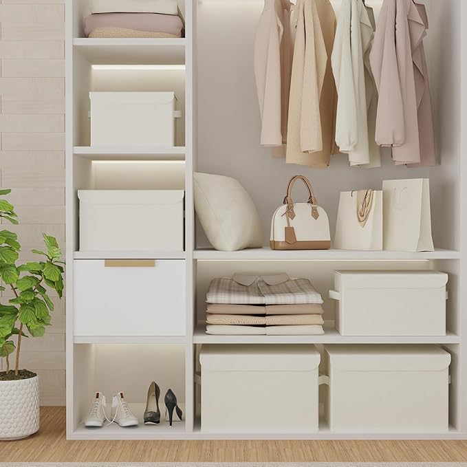 Fabric Storage Bin with Lid, Closet Boxes with Cover, Collapsible Stackable Organizer Basket with 2 Handles, for Home and Bedroom, 2 Pack, Beige, 10.2 x 7.9 x 6.7 In, XSNY12BES-2