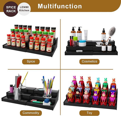 Lenwi Spice Rack Organizer for Cabinet, 3 Tier Expandable Bamboo Spice Storage for Kitchen Cupboard Pantry, Black