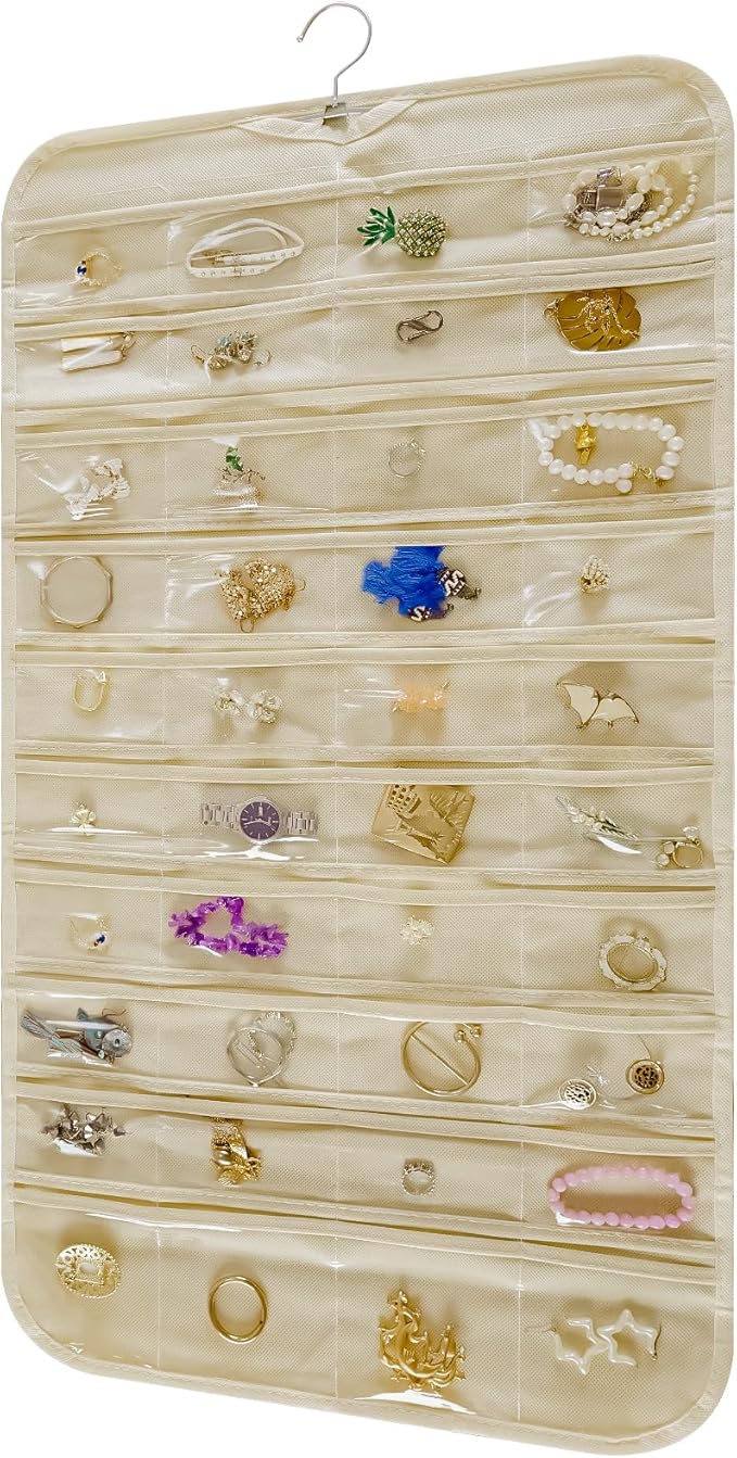 Hanging Jewelry Organizer Storage Roll with Hanger Metal Hooks Double-Sided Jewelry Holder for Necklaces, Earrings, Rings on Door, Wall, Closet, 80 Pocket Organizer,Beige