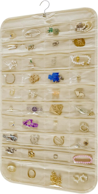 Hanging Jewelry Organizer Storage Roll with Hanger Metal Hooks Double-Sided Jewelry Holder for Necklaces, Earrings, Rings on Door, Wall, Closet, 80 Pocket Organizer,Beige