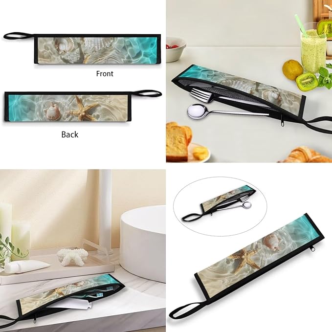 COEQINE Starfish Utensil Holder For Kitchen Travel Portable Cutlery Pouch Metal Straws Case With Handles Portable Small Storage Bag for Fork Spoon Knife Organizer Holder for Pcnic Outdoor