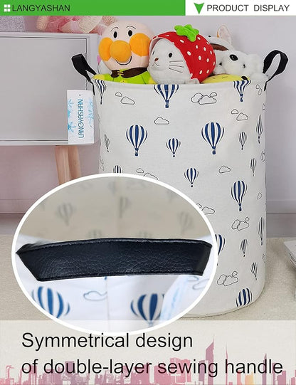 Laundry Basket Canvas Fabric Collapsible Organizer Basket for Storage Bin Toy Bins Gift Baskets Bedroom Clothes Children Nursery Hamper (Round Blue Balloon)