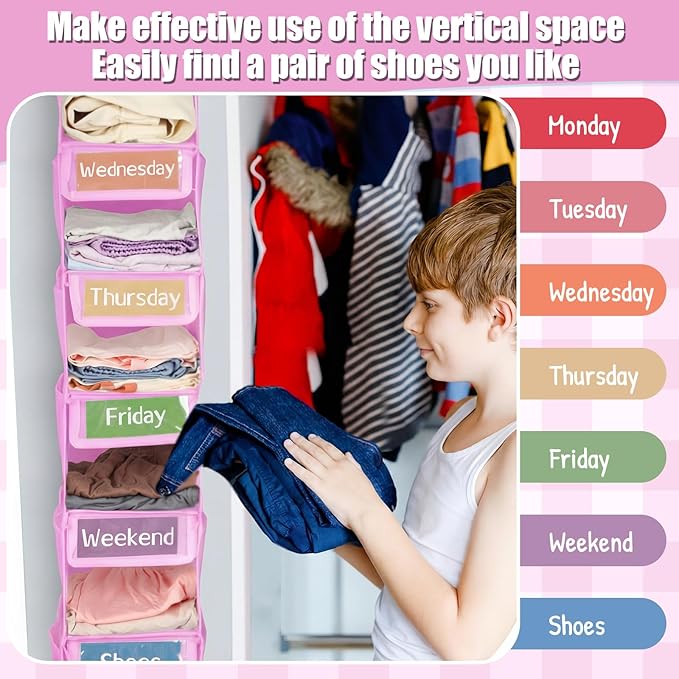 2 Pack 7 Shelf Weekly Clothes Organizer Hanging Closet for Kids with Side Pockets Weekday Shoes Rack Weekly Clothes Organizers Monday Through Weekend Foldable Storage Shelves(Pink)