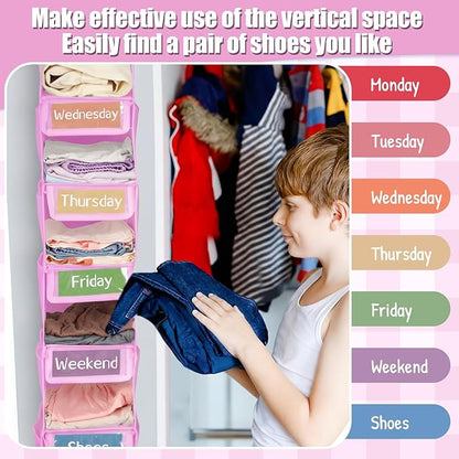 2 Pack 7 Shelf Weekly Clothes Organizer Hanging Closet for Kids with Side Pockets Weekday Shoes Rack Weekly Clothes Organizers Monday Through Weekend Foldable Storage Shelves(Pink)