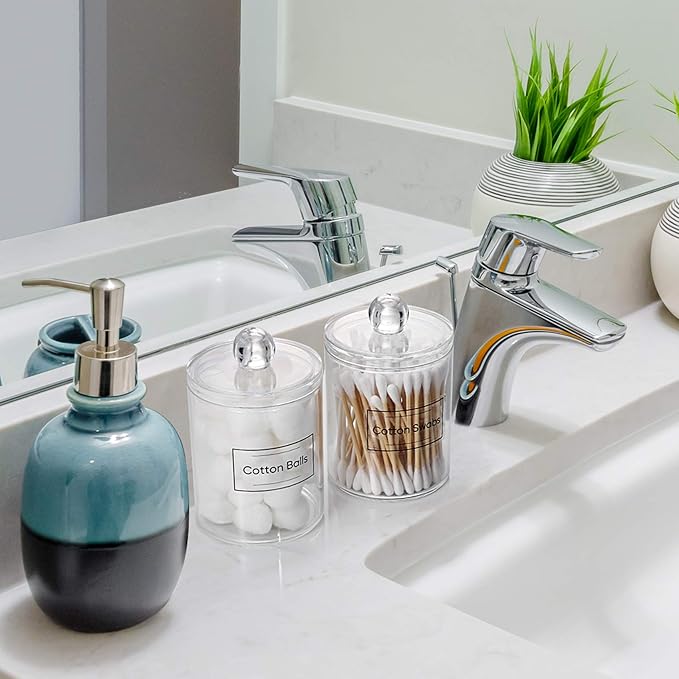 3 Pack Qtip Holder Dispenser for Cotton Ball, Cotton Swab, Cotton Round Pads, Floss - 20OZ & 10 oz Clear Plastic Apothecary Jar Set for Bathroom Canister Storage Organization, Vanity Makeup Organizer