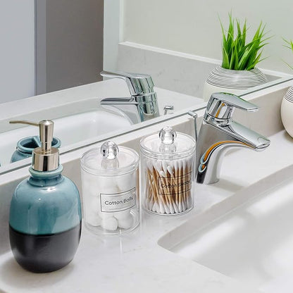 3 Pack Qtip Holder Dispenser for Cotton Ball, Cotton Swab, Cotton Round Pads, Floss - 20OZ & 10 oz Clear Plastic Apothecary Jar Set for Bathroom Canister Storage Organization, Vanity Makeup Organizer