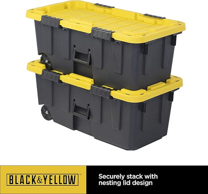 CX BLACK & YELLOW, 20-Gallon Heavy Duty Tough Storage Footlocker & Snap-Tight Lid, (13.4H x 18.2W x 32.3D), Weather-Resistant Design and Stackable Organization Tote [4 Pack]