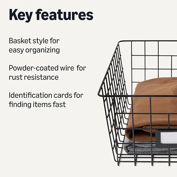 Amazon Basics Wire Storage Baskets for Organizing, Powder-Coated, Rust Resistant with Identification Cards, Black, Pack of 6