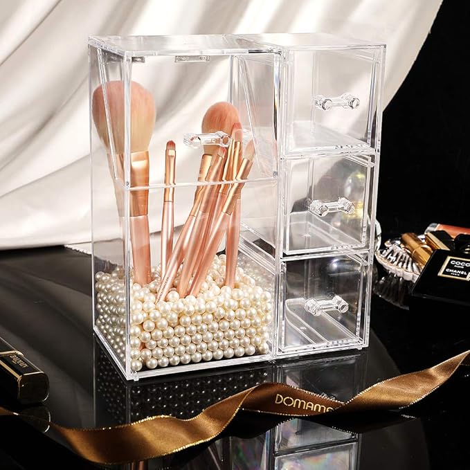 ShellKingdom Makeup Brush Holder,Clear Cosmetic Brushes Organizer With Drawer for Storage Brushes with Lid and Pearl for Dressing Tables and Vanity
