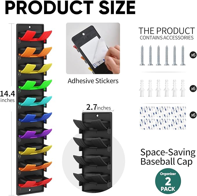 Hat Organizer for Baseball Caps, 2 Pack Wall Mount Hat Rack with Spring Clips, Holds 20 Caps, Black Hat Holder for Closet Door