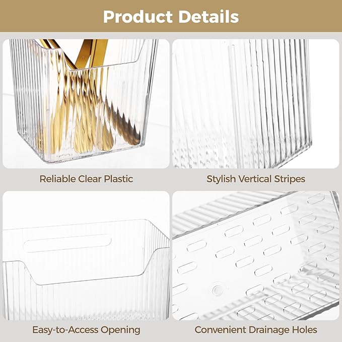 4 PCS Cabinet Door Organizer Bins, Clear Plastic Hanging Storage Baskets with Adhesive Hooks, Wall Mount Organizer for Bathroom, Fridge, Kitchen Pantry, Under Sink Drawer Organizer, Drain Holes