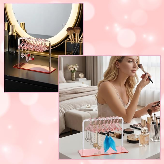 Acrylic Earring Holder, 6 × 4.6 Inch Coat Hanger Stud Earring Organizer Small Fun Jewelry Display for Home Earrings Storage Retail Show Marketing (Pink)