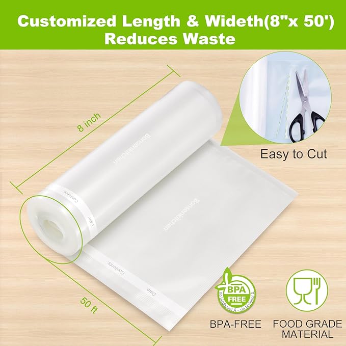 Bonsenkitchen Vacuum Sealer Bags, 8" x 50' Rolls 2 pack for Food Storage Saver, Bpa Free, Heavy Duty, Commercial Grade Textured Food Roll, Customized Size Bag for Sous Vide Cooking,VB3209