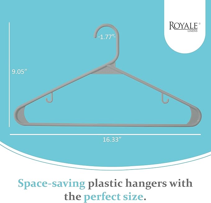 Royale Linens Plastic Hangers 40 Pack - Grey Clothes Hanger with Hooks – Heavy Duty Space Saving Coat Hangers Ideal for Everyday Use for Tops, Skirt, Dress, Shirts, Pants