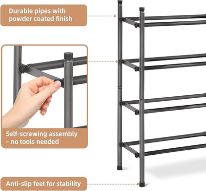 STORAGE MANIAC Expandable Shoe Rack, 16 Pairs Stackable Small Shoe Rack, Metal Adjustable Shoes Organizer for Closet, Entryway, Hallway, Garage, Front Door, Shoes Shelves, Black 4 Tier