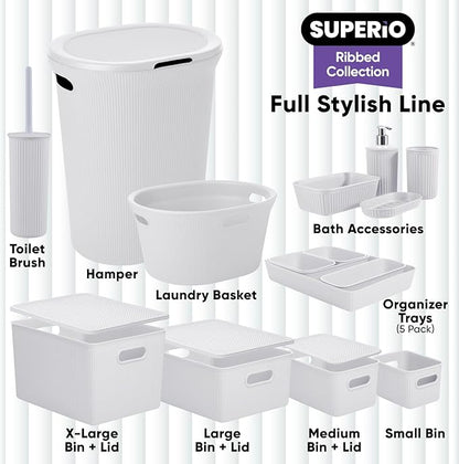 Decorative Plastic Basket Lidded Home Storage Bins Organizer Baskets, Large White Smoke (1 Pack - 15 Liter) Stackable Container Box, for Organizing Closet Storage Bins for Shelves - Ribbed Collection
