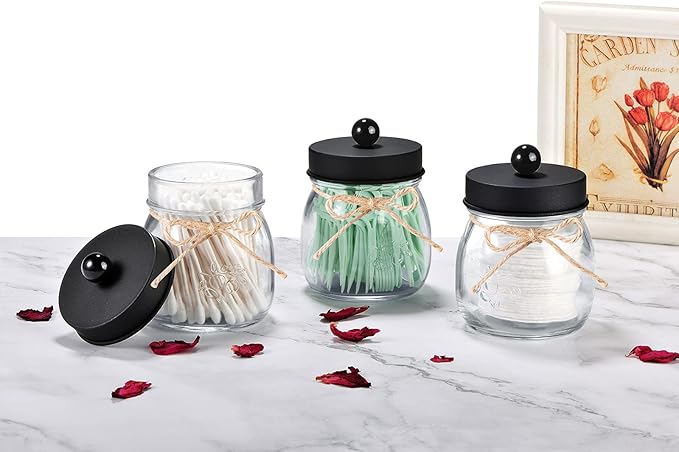 SheeChung 6 Pack Qtip Holders with Labels, Bathroom Organizers and Storage, Bathroom Decor, Apothecary Jars with Lids, Small Mason Jars for Qtips, Cottons, Floss, Balls, Cotton Swabs-Black