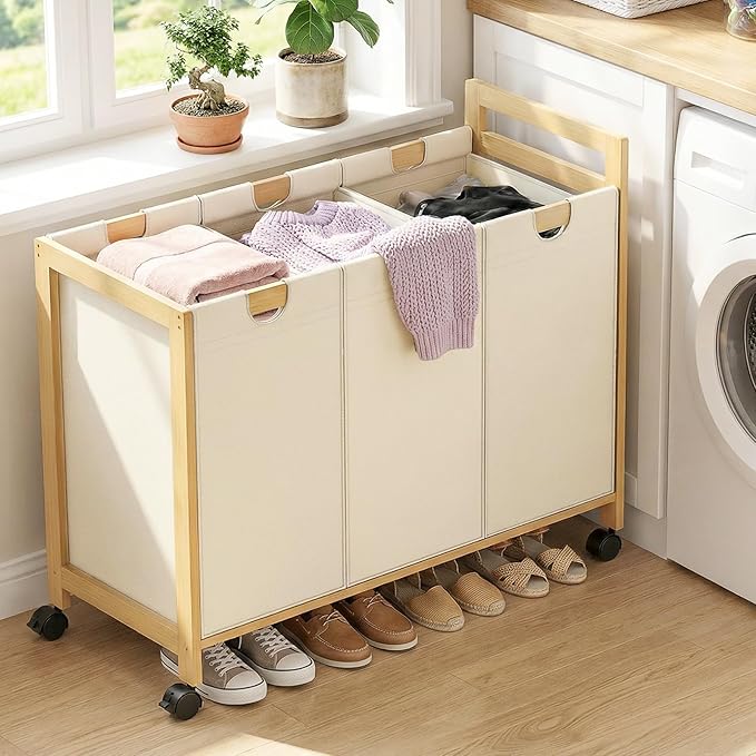 Homykic 250L Laundry Sorter Cart with Wheels, 3-Section Rolling Laundry Basket with Removable Bags, 66 Gal Large Laundry Hamper Organizer, Heavy Duty Bamboo Frame, Water-Resistant, Black
