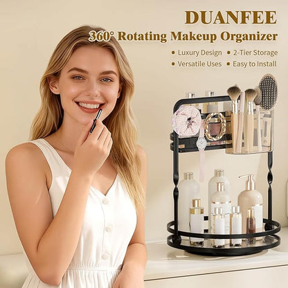 360 Rotating Makeup Organizer, Black Perfume Organizer for Dresser, 2-Tier Bathroom Countertop Organizer, Lazy Susan Skincare Storage, Spinning Vanity Tray with Jewelry Hooks & Brush Holder