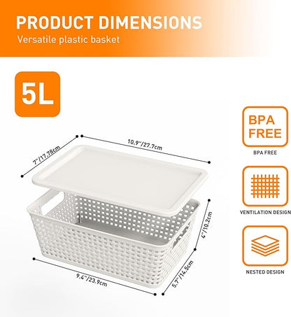 Plastic Storage Baskets With Lid, Storage Bins for Organizing, Stackable Decorative Containers for Shelves Drawers Desktop Closet Playroom Classroom Office, 10 Pack-White