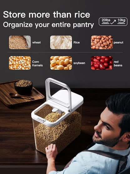 LivLab Mker 20-25 lbs Rice Dispenser with measuring spoon - 11.4Qt/12L Large Airtight Food Storage Rice Container for Cereal, Flour - BPA-Free PET, Slim Space-Saving