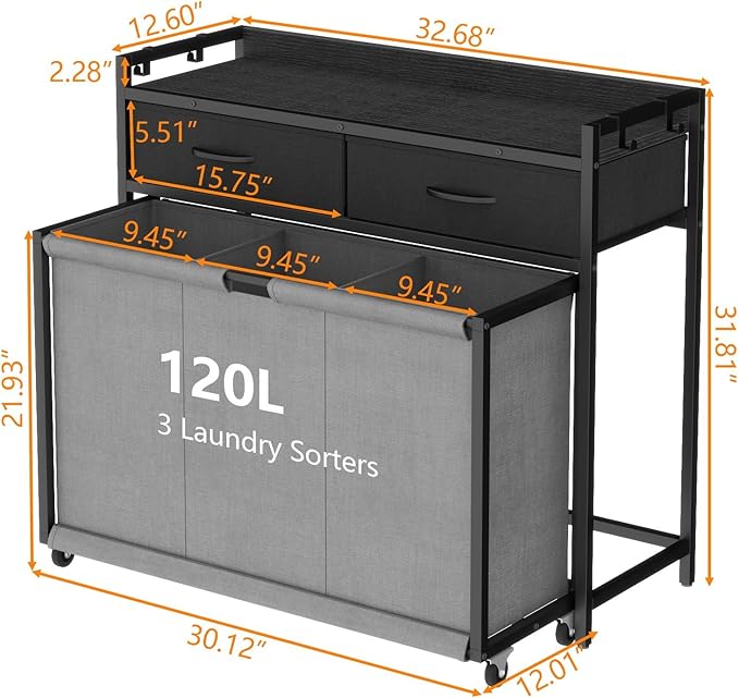 STIKELY Laundry Hamper Laundry Basket with 3 Section Pull-Out Rolling Bags, Laundry Sorter for Organization and Storage with 2 Pull-Out Drawers for Laundry Room, Bathroom, Bedroom Use (Black)