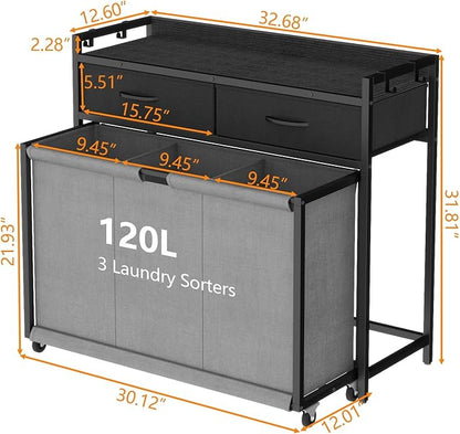 STIKELY Laundry Hamper Laundry Basket with 3 Section Pull-Out Rolling Bags, Laundry Sorter for Organization and Storage with 2 Pull-Out Drawers for Laundry Room, Bathroom, Bedroom Use (Black)