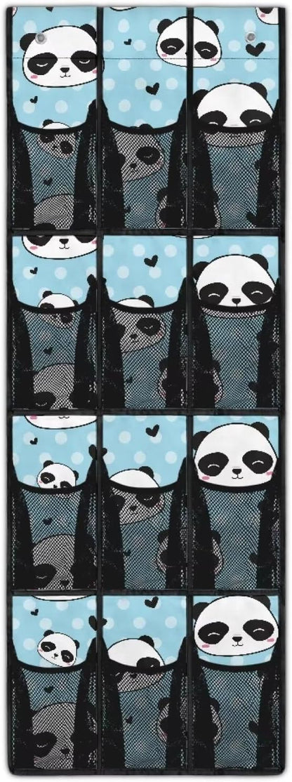 Multi-Functional Over the Door Organizer with 12 Mesh Pockets, Storage Hanging Bag Behind the Door for Shoes Accessories Cleaning Supplies for Home Office Use, Panda