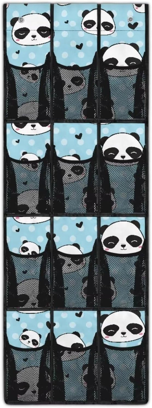 Multi-Functional Over the Door Organizer with 12 Mesh Pockets, Storage Hanging Bag Behind the Door for Shoes Accessories Cleaning Supplies for Home Office Use, Panda