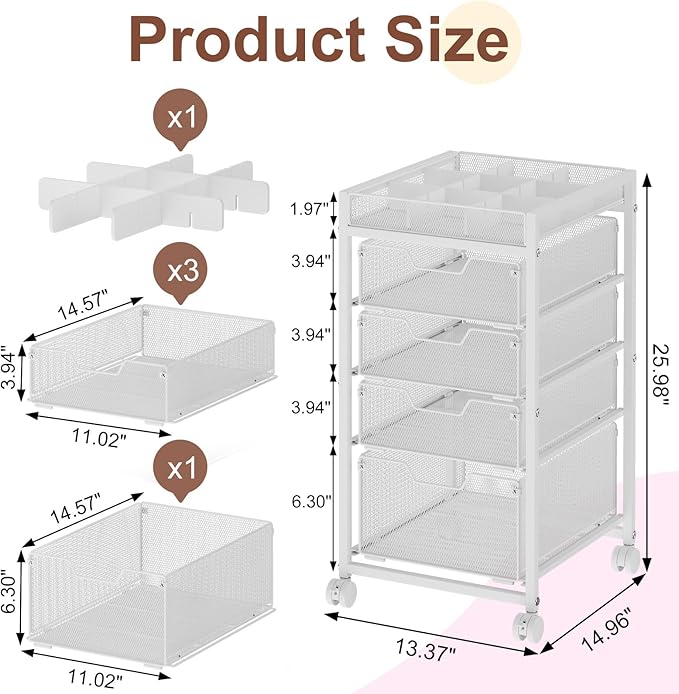 5-Tier Rolling Makeup Cart Organizer with 4 Drawers, Cosmetics Display with Dividers, Floor Skincare Storage with Wheels, Versatile Vanity Organizer for Nail Polish Perfume Brush Hair Tool, White