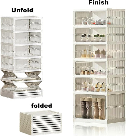 Foldable Shoe Storage Cabinet with Clear Magnetic Doors, 6-Tier No-Assembly Shoe Rack Organizer, Stackable Large Capacity Shoe Box for Entryway, Closet, Fits Boots & Sneakers, (Transparent)