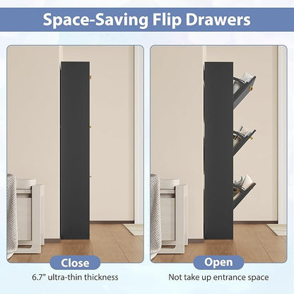 Shoe Cabinet with 3 Flip Drawers, Shoe Cabinet Storage for Entryway, Black Modern Shoe Organizer Wood, Freestanding Small Thin Shoe Racks with Doors, Black