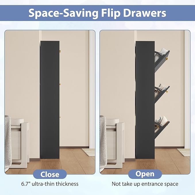 Shoe Cabinet Storage for Entryway, White Shoe Organizer with 2 Flip Drawers & Open Shelf, Freestanding Hidden Large Shoe Storage Cabinet (1pc-Black, 3 Flip Drawers)