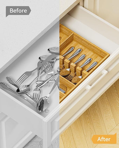 Yofidra Bamboo Silverware Organizer, 16.3″x12.24″x2.6″ Kitchen Utensil Drawer Organizer, Silverware Tray for Drawer with Fixed Slots for Spoons, Forks & Knives, Natural