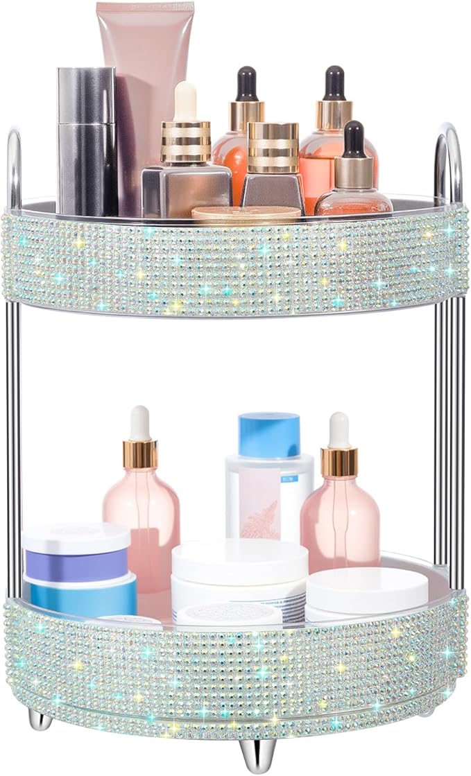 Honeydak 360 Rotating Perfume Organizer for Mother Day Nurse Day Rhinestone Bathroom Counter Organizer Makeup Holder Skincare and Perfume Storage for Cosmetic Countertop(2 Tiers,Resin Stone,Silver)